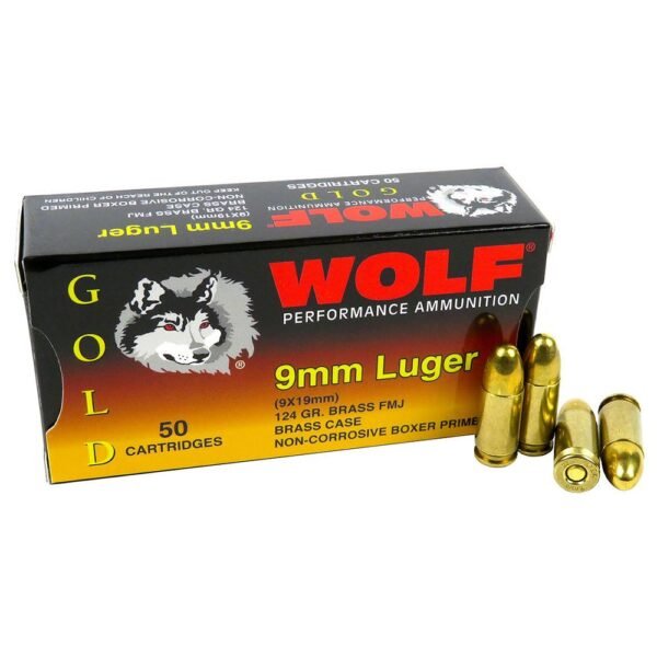 https3A2F2Fmedia.chattanoogashooting.com2Fimages2Fproduct2FDZG919FMJ2F9x19Gold.jpg Wolf (Turkish) Gold Handgun Ammunition 9mm Luger 124gr FMJ 50/ct