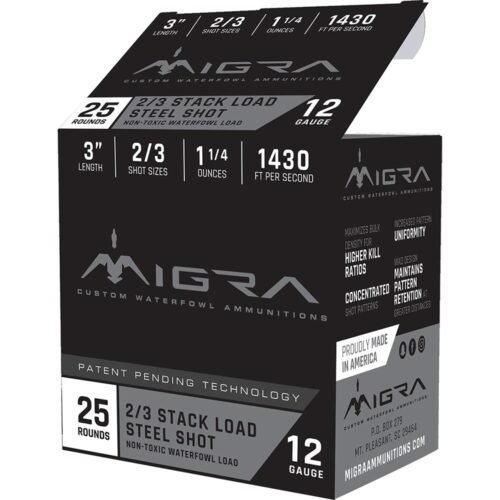https3A2F2Fmedia.chattanoogashooting.com2Fimages2Fproduct2FERM12S232FERM12S23-1.jpg Migra Waterfowl Steel Shot Shot Shells 12 ga 3" 1-1/4 oz #2#3 1430 fps 25/ct
