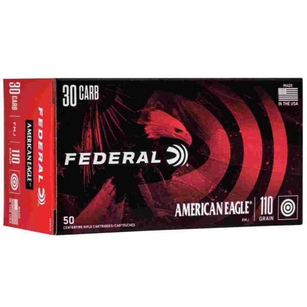 https3A2F2Fmedia.chattanoogashooting.com2Fimages2Fproduct2FFAAE30CB2FFAAE30CB_1.jpg Federal American Eagle Rifle Ammunition .30 Carbine 110 gr FMJ 1990 fps - 50/ct