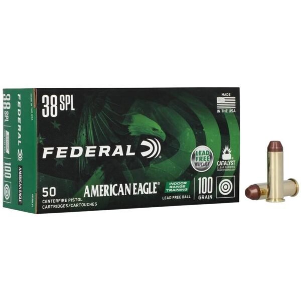 https3A2F2Fmedia.chattanoogashooting.com2Fimages2Fproduct2FFAAE38LF12FFAAE38LF1-1.jpg Federal American Eagle IRT Lead Free Handgun Ammunition .38 Spl 100gr FMJ 960 fps 50/ct