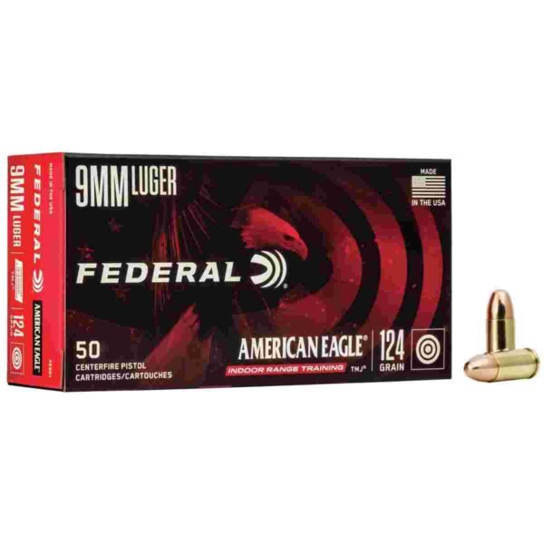 https3A2F2Fmedia.chattanoogashooting.com2Fimages2Fproduct2FFAAE9N12FFAAE9N1_1.jpg American Eagle IRT Handgun Ammunition 9mm Luger 124 gr. TMJ 1120 fps 50/ct