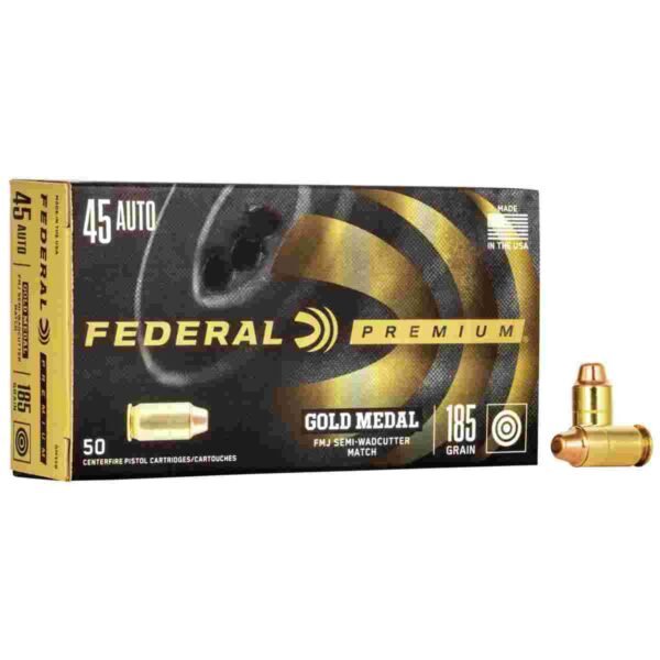 https3A2F2Fmedia.chattanoogashooting.com2Fimages2Fproduct2FFAGM45B2FFAGM45B_1.jpg Federal Premium Gold Medal Handgun Ammunition .45 ACP 185 gr FMJ-SWC 770 fps 50/box