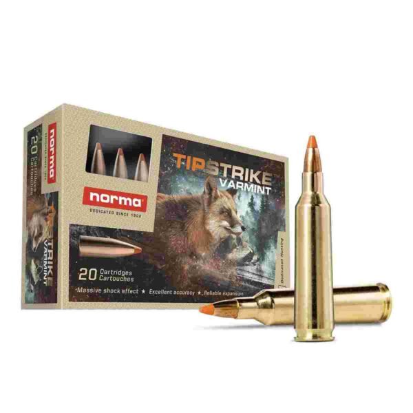 https3A2F2Fmedia.chattanoogashooting.com2Fimages2Fproduct2FNH201573722FNH201573721.jpg Norma TipStrike Rifle Ammunition .22-250 Rem 55gr PT 3576 fps 20/ct