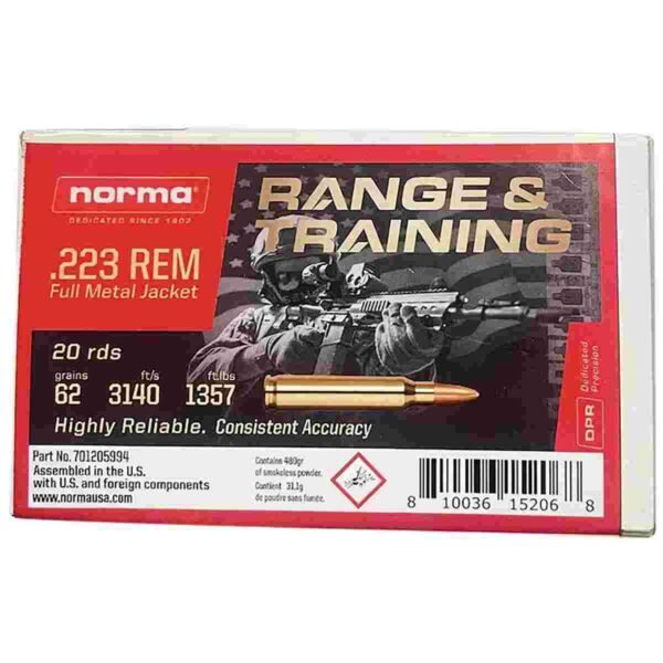 https3A2F2Fmedia.chattanoogashooting.com2Fimages2Fproduct2FNH7012059942FNH701205994.jpg Norma Range & Training Rifle Ammunition .223 Rem 62gr FMJ 3140 fps 20/ct