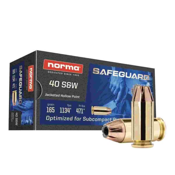 https3A2F2Fmedia.chattanoogashooting.com2Fimages2Fproduct2FNH8014078872FNH801407887.jpg Norma Safeguard Handgun Ammunition .40 S&W 165gr JHP 1134 fps 50/ct