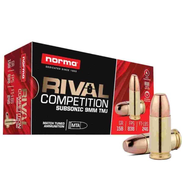 https3A2F2Fmedia.chattanoogashooting.com2Fimages2Fproduct2FNH8019024122FNH8019024121.jpg Norma Rival Competition Subsonic Ammunition 9mm Luger 158gr TMJ 838 fps 50/ct
