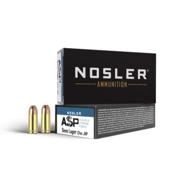 https3A2F2Fmedia.chattanoogashooting.com2Fimages2Fproduct2FNO510542FNO51054-1_1.jpg Nosler Match Grade Handgun Ammunition 9mm Luger 124 gr JHP 1150 fps 50/ct