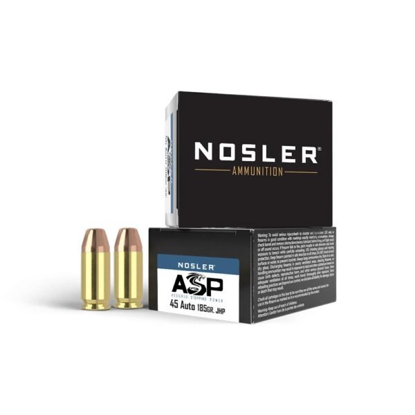 https3A2F2Fmedia.chattanoogashooting.com2Fimages2Fproduct2FNO512782FNO51278-1_1.jpg Nosler Match Grade Handgun Ammunition .45 ACP 185 gr JHP 980 fps 20/ct