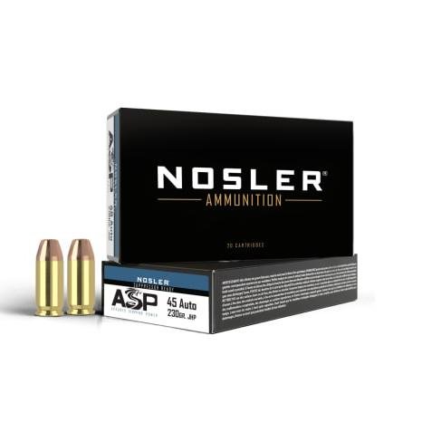 https3A2F2Fmedia.chattanoogashooting.com2Fimages2Fproduct2FNO512842FNO512841.jpg Nosler ASP Suppressor Ready Handgun Ammunition .45 ACP 230gr JHP 850 fps 50/ct