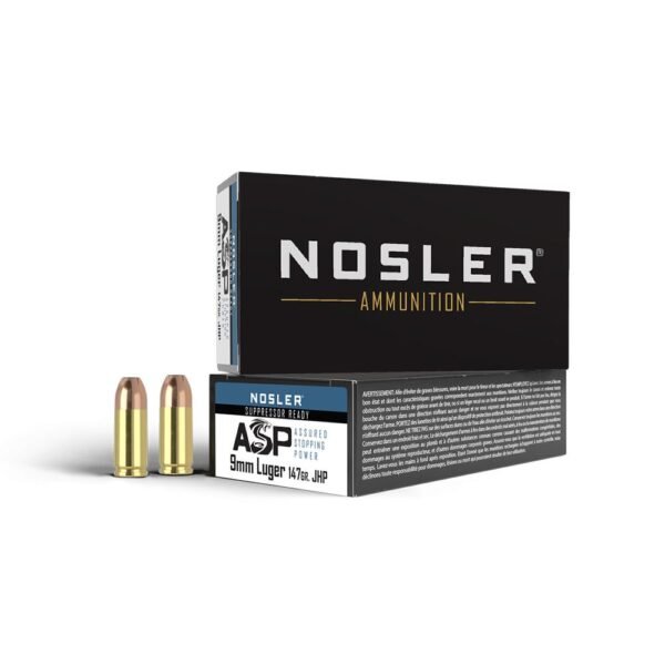 https3A2F2Fmedia.chattanoogashooting.com2Fimages2Fproduct2FNO513252FNO51325-1_1.jpg Nosler ASP Suppressor Ready Handgun Ammunition 9mm Luger 147gr JHP 950 fps 50/ct
