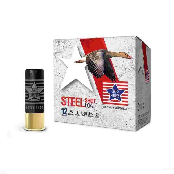 https3A2F2Fmedia.chattanoogashooting.com2Fimages2Fproduct2FOQCS332032FOQCS33203.jpg PPU Stars & Stripes Steel Shotshell 12ga 3'' 1-1/8 oz 1500 fps #3 25/ct