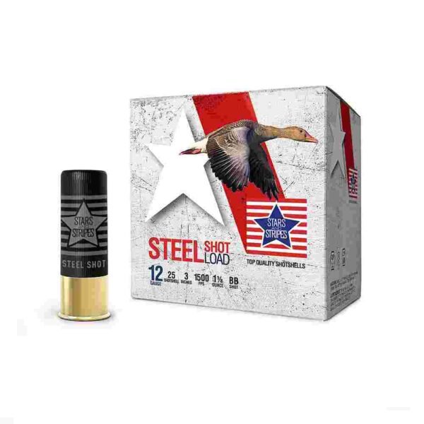 https3A2F2Fmedia.chattanoogashooting.com2Fimages2Fproduct2FOQCS332202FOQCS33220.jpg PPU Stars & Stripes Steel Shotshell 12ga 3'' 1-1/8 oz 1500 fps #BB 25/ct