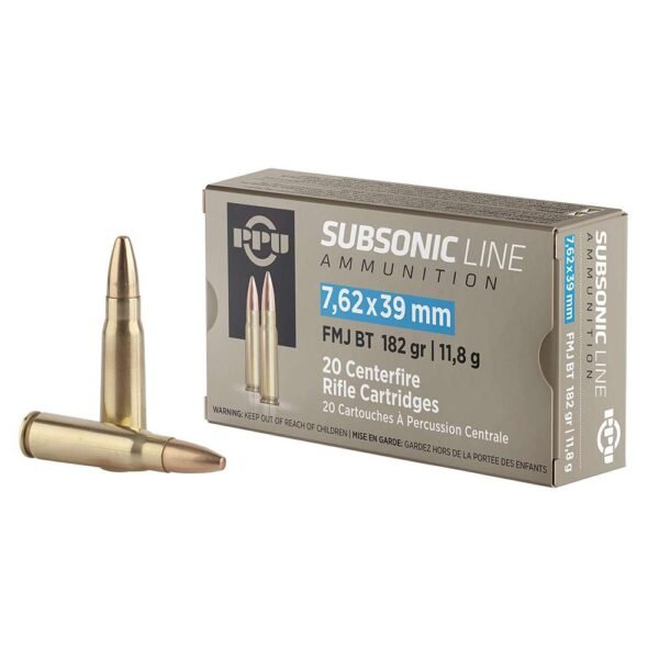 https3A2F2Fmedia.chattanoogashooting.com2Fimages2Fproduct2FOQPPS762392FPPS76239.jpg PPU Subsonic Rifle Ammunition 7.62x39mm 182gr FMJ 1033 fps 20/ct