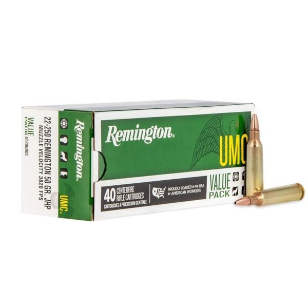 https3A2F2Fmedia.chattanoogashooting.com2Fimages2Fproduct2FRT237692FRT23769-1.jpg Remington UMC Rifle Ammunition .22-250 Rem 45 gr JHP 4000 fps 40/ct