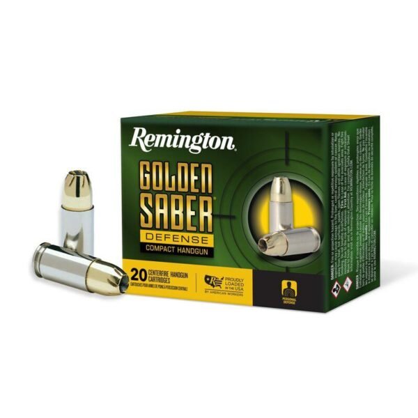 https3A2F2Fmedia.chattanoogashooting.com2Fimages2Fproduct2FRT276132FRT27613.jpg Remington Golden Saber Defense Compact Ammunition 9mm Luger 124gr BJHP 1020 fps 20/ct