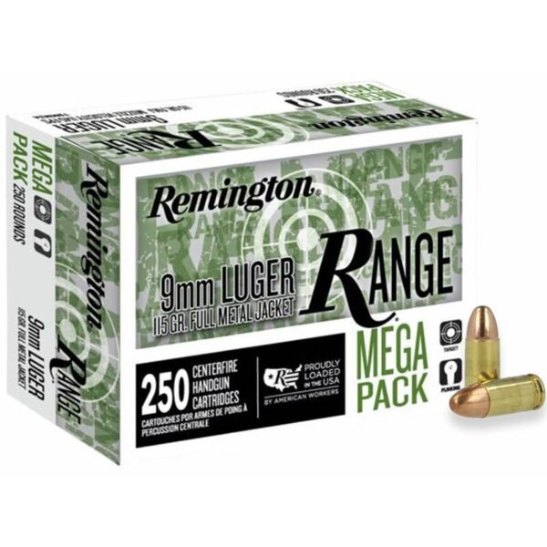 https3A2F2Fmedia.chattanoogashooting.com2Fimages2Fproduct2FRTR239652FR23965.jpg Remington Range Handgun Ammunition 9mm Luger 115 gr. FMJ 1145 fps 250/ct