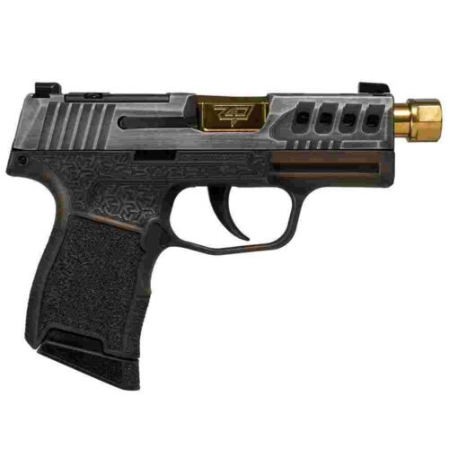 https3A2F2Fmedia.chattanoogashooting.com2Fimages2Fproduct2FXI681228GB365GB2FXI681228GB365GB1.jpg Sig Sauer P365 "Gold Bug" Handgun 9mm luger 10rd Magazines(2) 3.7" Threaded Gold Barrel Tactical Cut Distressed Grey Slide/Brown Grip Octagon Stippling