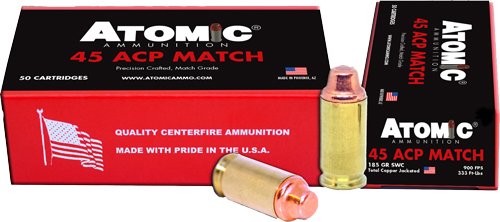 A00448 ATOMIC 45 ACP MATCH 185GR LEAD - SWC COPPER PLATED 50RD 10BX/CS