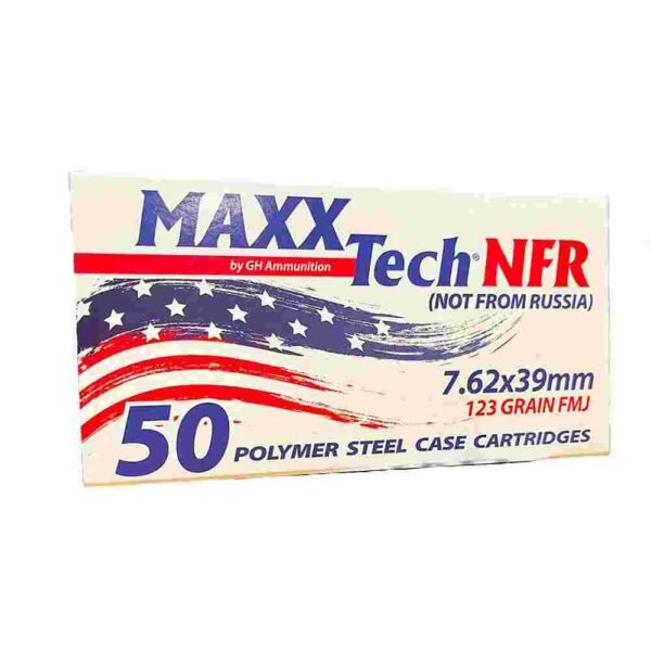 https3A2F2Fmedia.chattanoogashooting.com2Fimages2Fproduct2FTLMTNFR7622FTLMTNFR762 Maxxtech NFR Steel Case Rifle Ammunition 7.62x39mm 123gr FMJ Boxer Primed 2330 fps 50/ct