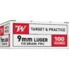 Winchester Target Handgun Ammunition 9mm Luger 115 gr. FMJ 1190 fps 100/ct