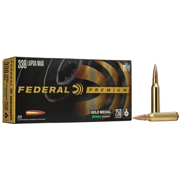 https3A2F2Fmedia.chattanoogashooting.com2Fimages2Fproduct2FFAGM338LM2FFAGM338LM_2 Federal Premium Gold Medal Rifle Sierra MatchKing Ammunition .338 Lapua Mag 250 gr BTHP 2950 fps - 20/ct