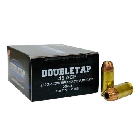 https3A2F2Fmedia.chattanoogashooting.com2Fimages2Fproduct2FDT45A230CE2FDT45A230CE.jpg Double Tap Controlled Expansion Handgun Ammunition 45 Auto 230gr JHP 1000 fps 20/ct