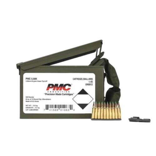 https3A2F2Fmedia.chattanoogashooting.com2Fimages2Fproduct2FPM556M855MB2FPM556M855MB.jpg PMC Rifle Ammunition 5.56 NATO 62 gr Green Tip 2920 fps 1680/ct w/Bandoleer Metal Box (2-Metal Boxes) 1680/ct Total