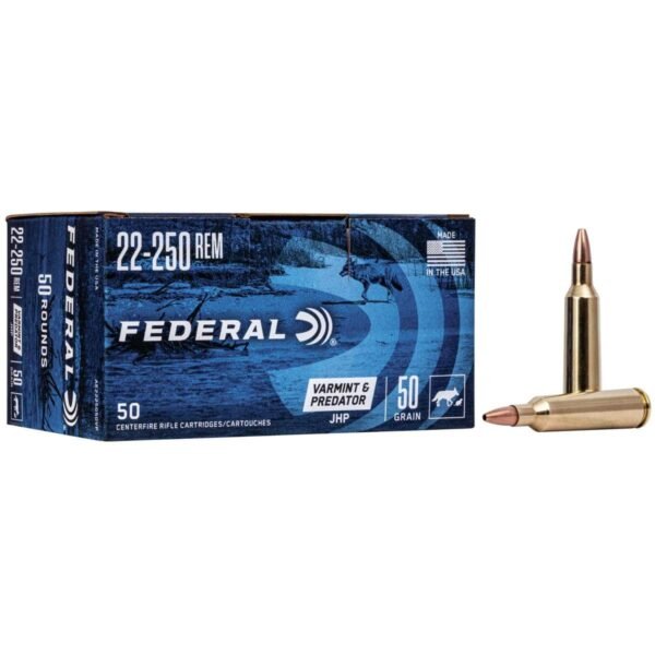 https3A2F2Fmedia.chattanoogashooting.com2Fimages2Fproduct2FFAAE2225050V2FFAAE2225050V_1.jpg Federal American Eagle Varmint & Predator Rifle Ammunition 22-250 Rem. 50 gr JHP 3850 fps 50/ct