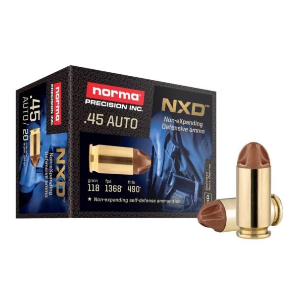 https3A2F2Fmedia.chattanoogashooting.com2Fimages2Fproduct2FNH6115400202FNH611540020.jpg Norma NXD Handgun Ammunition .45 Auto 118gr NXD 1368 fps 20/ct