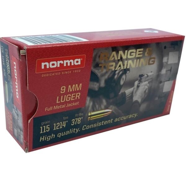 Norma Range & Training 9mm Ammo 115 Grain Full Metal Jacket Norma Range and Training Handgun Ammunition 9mm Luger 115gr FMJ 1214 fps 50/ct