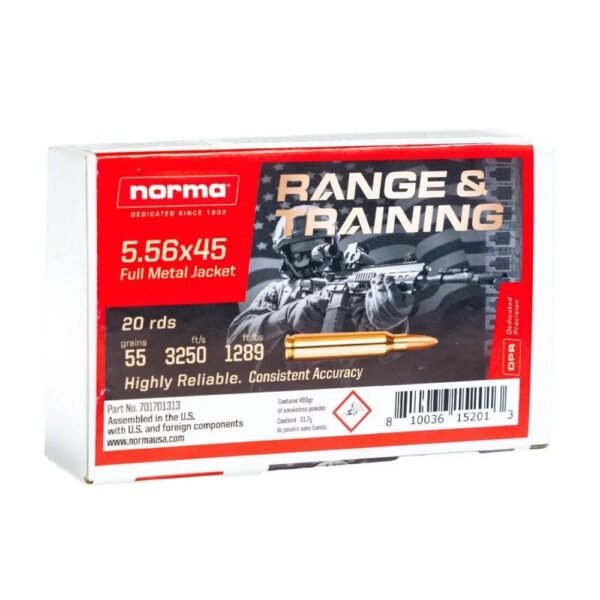 https3A2F2Fmedia.chattanoogashooting.com2Fimages2Fproduct2FNH7017013132FNH701701313-1.jpg Norma Range & Training Rifle Ammunition 5.56X45 NATO 55gr FMJ 3250 fps 20/rd