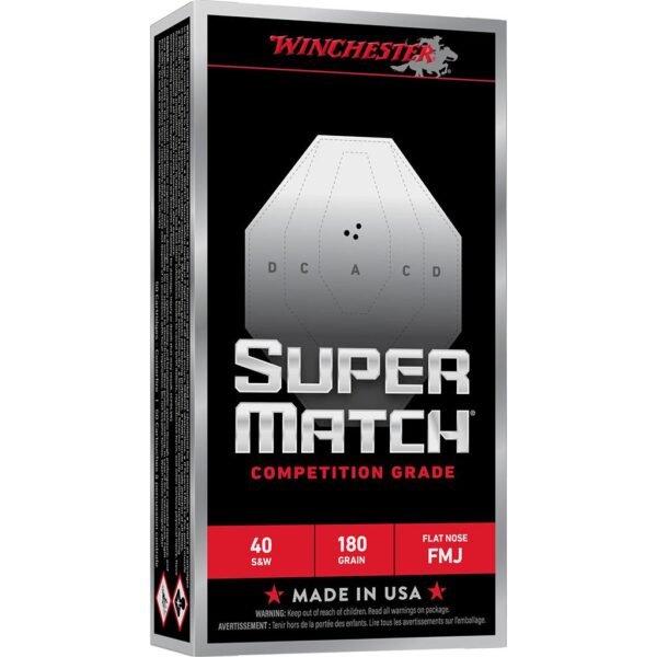 https3A2F2Fmedia.chattanoogashooting.com2Fimages2Fproduct2FWNSM40FN1802FWNSM40FN1801.jpg Winchester Super Match Handgun Ammunition 40 S&W 180gr FMJ 1010fps 50/ct