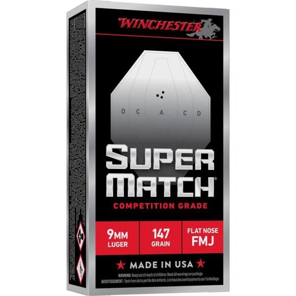 https3A2F2Fmedia.chattanoogashooting.com2Fimages2Fproduct2FWNSM9FN1472FWNSM9FN1471.jpg Winchester Super Match handgun Ammunition 9mm Luger 147gr FMJ 942fps 50/ct