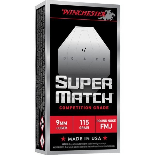 https3A2F2Fmedia.chattanoogashooting.com2Fimages2Fproduct2FWNSM9RN1152FWNSM9RN1151.jpg Winchester Super Match Handgun Ammunition 9mm Luger 115gr FMJ 1215fps 50/ct