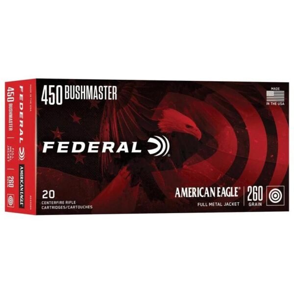 https3A2F2Fmedia.chattanoogashooting.com2Fimages2Fproduct2FFAAE450BM2FFAAE450BM1.jpg Federal American Eagle Rifle Ammunition .450 Bushmaster 260gr FMJ 2040 fps 20/ct